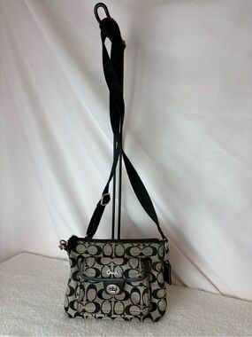 Coach Black and Tan Signature Crossbody with Turn-Lock Pocket